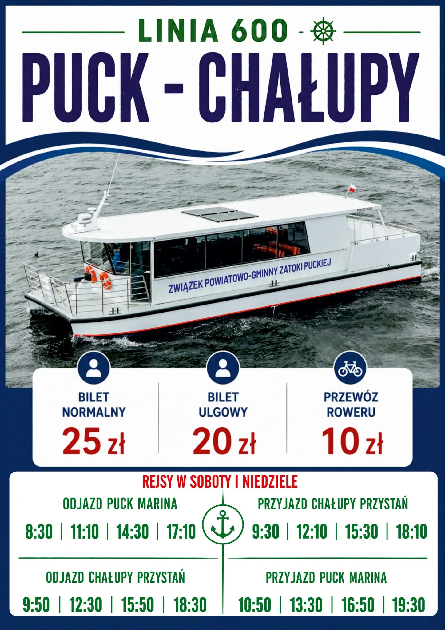 tramwaj wodny puck Chałupy ceny biletów godziny odpłynięć rowery