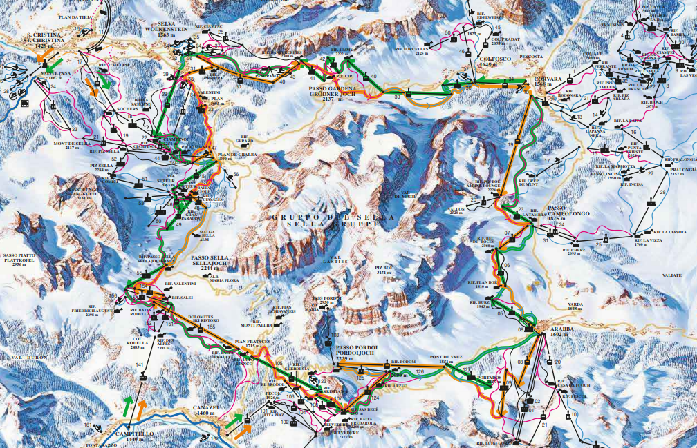 sellaronda mapa trasy szlaki Narty we Włoszech gdzie z dzieckiem ośrodki stoki dla dzieci wyciągi